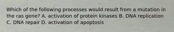 Which of the following processes would result from a mutation in the ras gene? A. activation of protein kinases B. DNA replication C. DNA repair D. activation of apoptosis