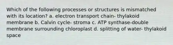 Which of the following processes or structures is mismatched with its location? a. electron transport chain- thylakoid membrane b. Calvin cycle- stroma c. ATP synthase-double membrane surrounding chloroplast d. splitting of water- thylakoid space