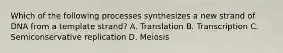 Which of the following processes synthesizes a new strand of DNA from a template strand? A. Translation B. Transcription C. Semiconservative replication D. Meiosis