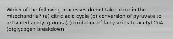 Which of the following processes do not take place in the mitochondria? (a) citric acid cycle (b) conversion of pyruvate to activated acetyl groups (c) oxidation of fatty acids to acetyl CoA (d)glycogen breakdown