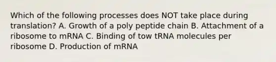 Which of the following processes does NOT take place during translation? A. Growth of a poly peptide chain B. Attachment of a ribosome to mRNA C. Binding of tow tRNA molecules per ribosome D. Production of mRNA