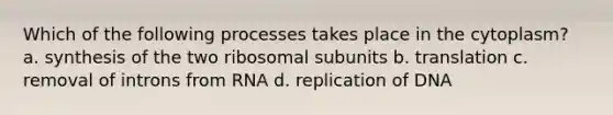 Which of the following processes takes place in the cytoplasm? a. synthesis of the two ribosomal subunits b. translation c. removal of introns from RNA d. replication of DNA