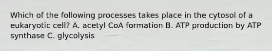 Which of the following processes takes place in the cytosol of a eukaryotic cell? A. acetyl CoA formation B. ATP production by ATP synthase C. glycolysis