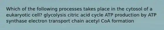 Which of the following processes takes place in the cytosol of a eukaryotic cell? glycolysis citric acid cycle ATP production by ATP synthase electron transport chain acetyl CoA formation