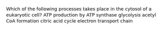 Which of the following processes takes place in the cytosol of a eukaryotic cell? <a href='https://www.questionai.com/knowledge/kQXM5vFKbG-atp-production' class='anchor-knowledge'>atp production</a> by ATP synthase glycolysis acetyl CoA formation citric acid cycle electron transport chain