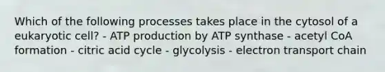 Which of the following processes takes place in the cytosol of a eukaryotic cell? - ATP production by ATP synthase - acetyl CoA formation - citric acid cycle - glycolysis - electron transport chain