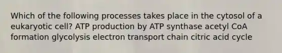 Which of the following processes takes place in the cytosol of a eukaryotic cell? ATP production by ATP synthase acetyl CoA formation glycolysis electron transport chain citric acid cycle