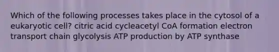 Which of the following processes takes place in the cytosol of a eukaryotic cell? citric acid cycleacetyl CoA formation electron transport chain glycolysis <a href='https://www.questionai.com/knowledge/kQXM5vFKbG-atp-production' class='anchor-knowledge'>atp production</a> by ATP synthase