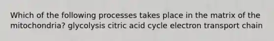 Which of the following processes takes place in the matrix of the mitochondria? glycolysis citric acid cycle electron transport chain