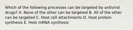 Which of the following processes can be targeted by antiviral drugs? A. None of the other can be targeted B. All of the other can be targeted C. Host cell attachments D. Host protein synthesis E. Host mRNA synthesis