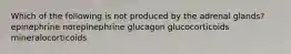 Which of the following is not produced by the adrenal glands? epinephrine norepinephrine glucagon glucocorticoids mineralocorticoids