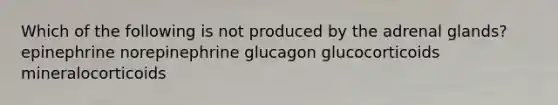 Which of the following is not produced by the adrenal glands? epinephrine norepinephrine glucagon glucocorticoids mineralocorticoids