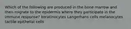 Which of the following are produced in the bone marrow and then migrate to the epidermis where they participate in the immune response? keratinocytes Langerhans cells melanocytes tactile epithelial cells