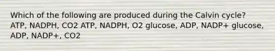 Which of the following are produced during the Calvin cycle? ATP, NADPH, CO2 ATP, NADPH, O2 glucose, ADP, NADP+ glucose, ADP, NADP+, CO2