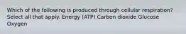 Which of the following is produced through cellular respiration? Select all that apply. Energy (ATP) Carbon dioxide Glucose Oxygen