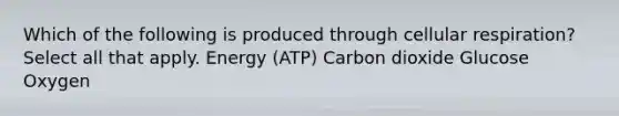 Which of the following is produced through cellular respiration? Select all that apply. Energy (ATP) Carbon dioxide Glucose Oxygen