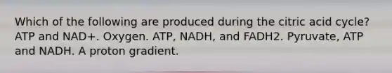 Which of the following are produced during the citric acid cycle? ATP and NAD+. Oxygen. ATP, NADH, and FADH2. Pyruvate, ATP and NADH. A proton gradient.