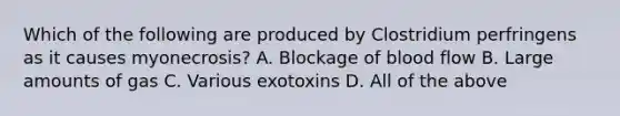 Which of the following are produced by Clostridium perfringens as it causes myonecrosis? A. Blockage of blood flow B. Large amounts of gas C. Various exotoxins D. All of the above