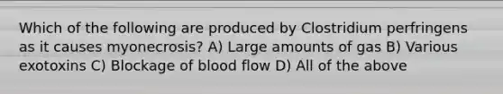 Which of the following are produced by Clostridium perfringens as it causes myonecrosis? A) Large amounts of gas B) Various exotoxins C) Blockage of blood flow D) All of the above