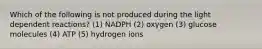 Which of the following is not produced during the light dependent reactions? (1) NADPH (2) oxygen (3) glucose molecules (4) ATP (5) hydrogen ions