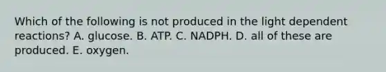 Which of the following is not produced in the light dependent reactions? A. glucose. B. ATP. C. NADPH. D. all of these are produced. E. oxygen.