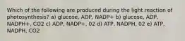 Which of the following are produced during the light reaction of photosynthesis? a) glucose, ADP, NADP+ b) glucose, ADP, NADPH+, CO2 c) ADP, NADP+, 02 d) ATP, NADPH, 02 e) ATP, NADPH, CO2