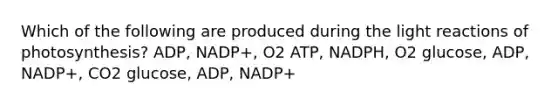 Which of the following are produced during the light reactions of photosynthesis? ADP, NADP+, O2 ATP, NADPH, O2 glucose, ADP, NADP+, CO2 glucose, ADP, NADP+