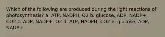 Which of the following are produced during the light reactions of photosynthesis? a. ATP, NADPH, O2 b. glucose, ADP, NADP+, CO2 c. ADP, NADP+, O2 d. ATP, NADPH, CO2 e. glucose, ADP, NADP+