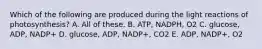 Which of the following are produced during the light reactions of photosynthesis? A. All of these. B. ATP, NADPH, O2 C. glucose, ADP, NADP+ D. glucose, ADP, NADP+, CO2 E. ADP, NADP+, O2