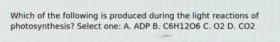 Which of the following is produced during the light reactions of photosynthesis? Select one: A. ADP B. C6H12O6 C. O2 D. CO2