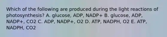 Which of the following are produced during the light reactions of photosynthesis? A. glucose, ADP, NADP+ B. glucose, ADP, NADP+, CO2 C. ADP, NADP+, O2 D. ATP, NADPH, O2 E. ATP, NADPH, CO2