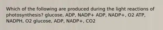 Which of the following are produced during the <a href='https://www.questionai.com/knowledge/kSUoWrrvoC-light-reactions' class='anchor-knowledge'>light reactions</a> of photosynthesis? glucose, ADP, NADP+ ADP, NADP+, O2 ATP, NADPH, O2 glucose, ADP, NADP+, CO2