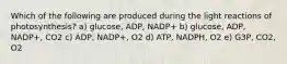 Which of the following are produced during the light reactions of photosynthesis? a) glucose, ADP, NADP+ b) glucose, ADP, NADP+, CO2 c) ADP, NADP+, O2 d) ATP, NADPH, O2 e) G3P, CO2, O2