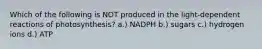 Which of the following is NOT produced in the light-dependent reactions of photosynthesis? a.) NADPH b.) sugars c.) hydrogen ions d.) ATP