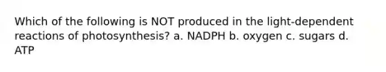 Which of the following is NOT produced in the light-dependent reactions of photosynthesis? a. NADPH b. oxygen c. sugars d. ATP