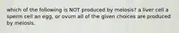 which of the following is NOT produced by meiosis? a liver cell a sperm cell an egg, or ovum all of the given choices are produced by meiosis.