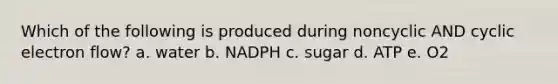 Which of the following is produced during noncyclic AND cyclic electron flow? a. water b. NADPH c. sugar d. ATP e. O2