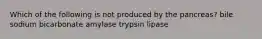 Which of the following is not produced by the pancreas? bile sodium bicarbonate amylase trypsin lipase