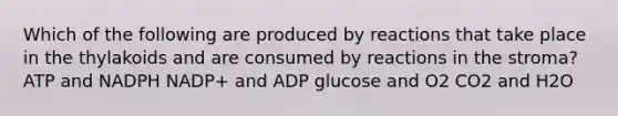 Which of the following are produced by reactions that take place in the thylakoids and are consumed by reactions in the stroma? ATP and NADPH NADP+ and ADP glucose and O2 CO2 and H2O