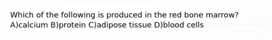 Which of the following is produced in the red bone marrow? A)calcium B)protein C)adipose tissue D)blood cells