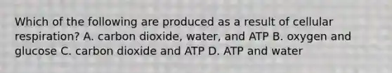 Which of the following are produced as a result of cellular respiration? A. carbon dioxide, water, and ATP B. oxygen and glucose C. carbon dioxide and ATP D. ATP and water