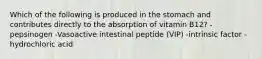 Which of the following is produced in the stomach and contributes directly to the absorption of vitamin B12? -pepsinogen -Vasoactive intestinal peptide (VIP) -intrinsic factor -hydrochloric acid