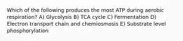 Which of the following produces the most ATP during aerobic respiration? A) Glycolysis B) TCA cycle C) Fermentation D) Electron transport chain and chemiosmosis E) Substrate level phosphorylation