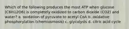 Which of the following produces the most ATP when glucose (C6H12O6) is completely oxidized to carbon dioxide (CO2) and water? a. oxidation of pyruvate to acetyl CoA b. oxidative phosphorylation (chemiosmosis) c. glycolysis d. citric acid cycle