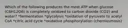 Which of the following produces the most ATP when glucose (C6H12O6) is completely oxidized to carbon dioxide (CO2) and water? *fermentation *glycolysis *oxidation of pyruvate to acetyl CoA *citric acid cycle *oxidative phosphorylation (chemiosmosis)