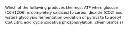 Which of the following produces the most ATP when glucose (C6H12O6) is completely oxidized to carbon dioxide (CO2) and water? glycolysis fermentation oxidation of pyruvate to acetyl CoA citric acid cycle oxidative phosphorylation (chemiosmosis)