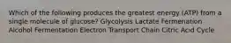 Which of the following produces the greatest energy (ATP) from a single molecule of glucose? Glycolysis Lactate Fermenation Alcohol Fermentation Electron Transport Chain Citric Acid Cycle