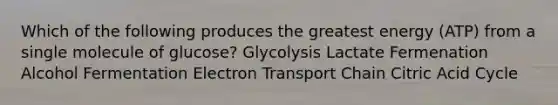 Which of the following produces the greatest energy (ATP) from a single molecule of glucose? Glycolysis Lactate Fermenation Alcohol Fermentation Electron Transport Chain Citric Acid Cycle