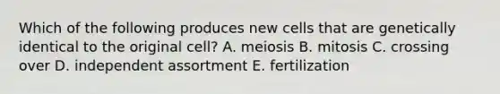 Which of the following produces new cells that are genetically identical to the original cell? A. meiosis B. mitosis C. crossing over D. independent assortment E. fertilization