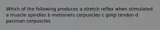 Which of the following produces a stretch reflex when stimulated a muscle spindles b meissners corpuscles c golgi tendon d pacinian corpuscles